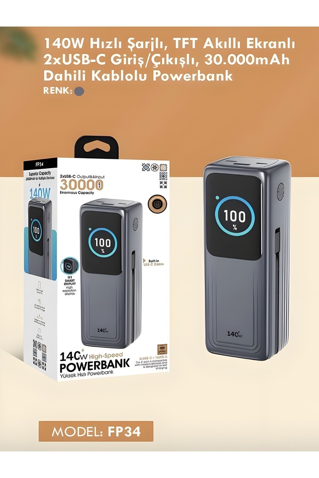 30000mAh 140W Hızlı Şarjlı TFT Ekranlı Kendinden Type-C Kablolu 2Type-C 1USB Girişli Powerbank - 7