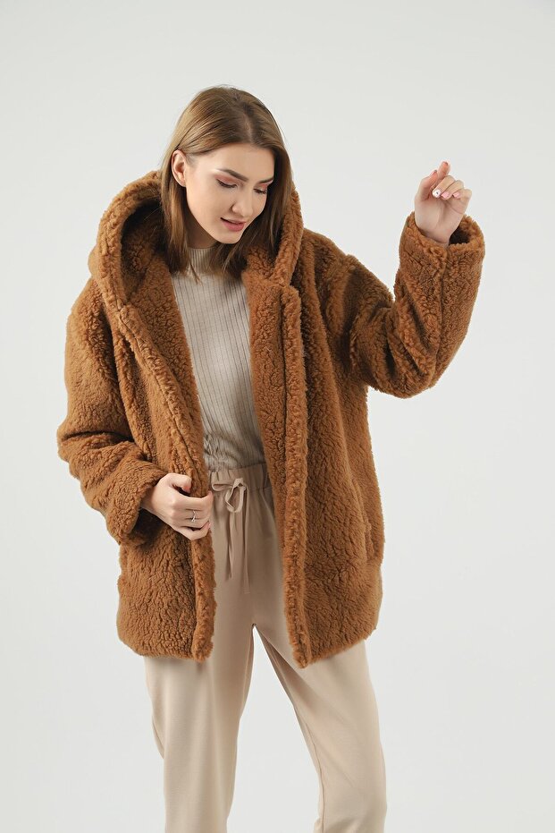 Pluș scurt cu glugă maro - 2