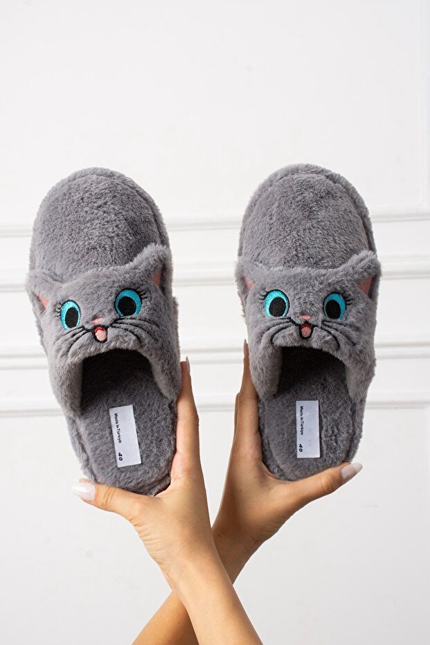 Roztomilé vyšívané zimní unisex domácí pantofle s motivem kočky, které nevydávají zvuk, protiskluzová podrážka STC1123 - 5