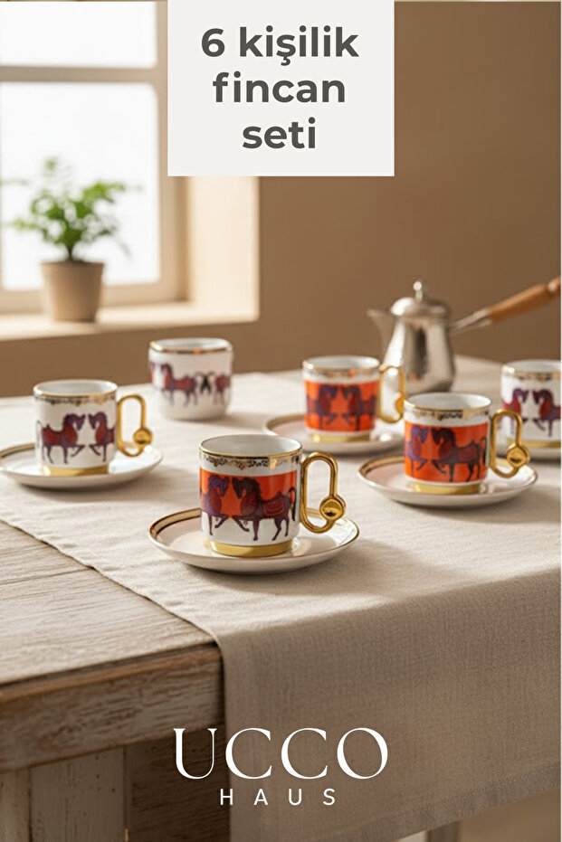 Gold Gilded 6-Piece 80 ml Porcelain Coffee Cup Set – Horse Motif Premium Series - Espresso Cup