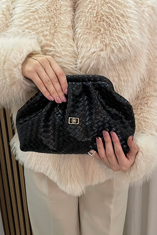 Fibag Black Knitted Look Medium Size Crossbody Portfolio Bag with Gold Accessories