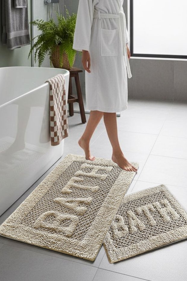 Rueso Beige 2-Piece 100% Cotton Bath Mat Set