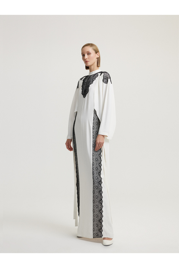 Aplike Dantelli Ekru Elbise - 2