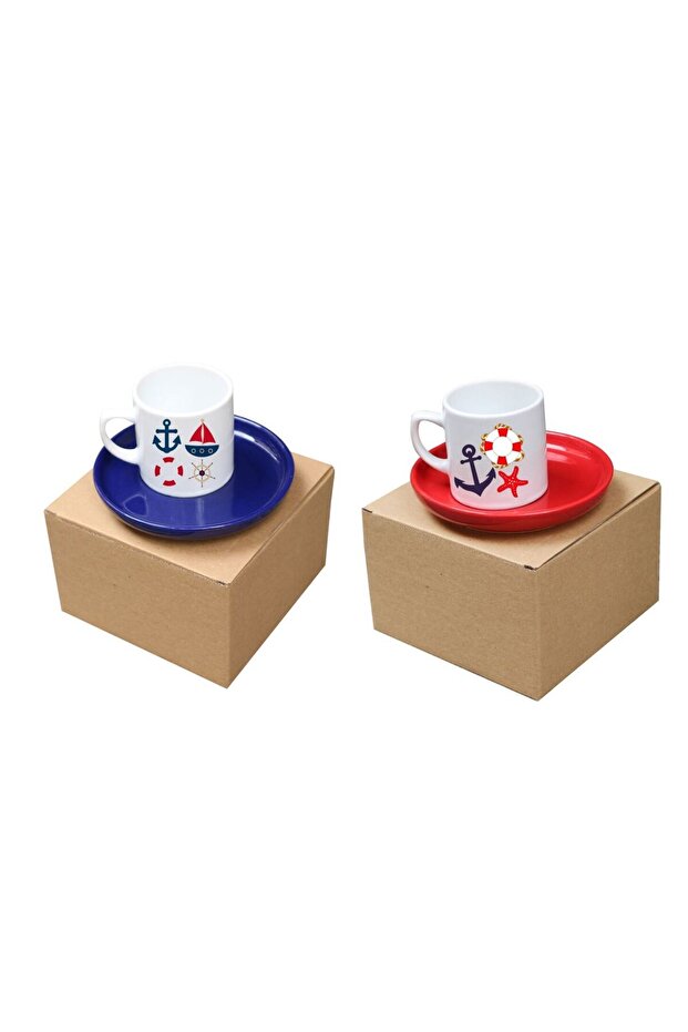 Nautical Printed Navy Blue and Red Turkish Coffee Cup Set