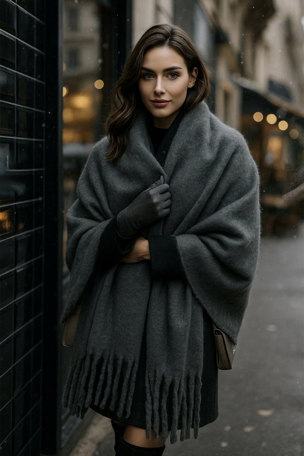 Women's Tassel Detail Scarf Shoulder Shawl 40X200 cm 1295 Anthracite