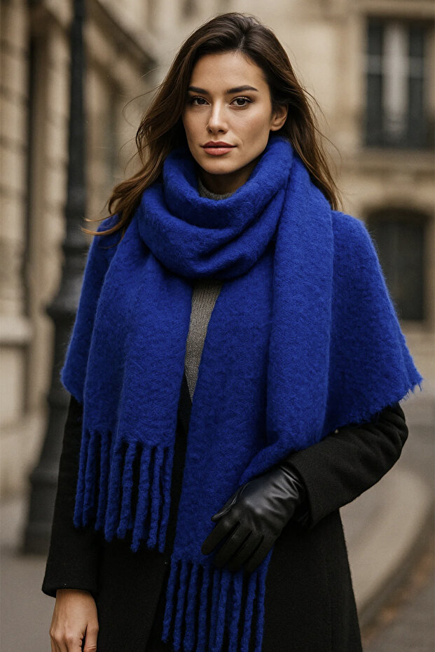 Women's Tassel Detail Scarf Shoulder Shawl 40X200 cm 1295 Cobalt Blue