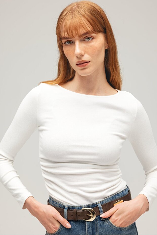 Kadın Basic Uzun Kollu Drapeli Bluz - 2