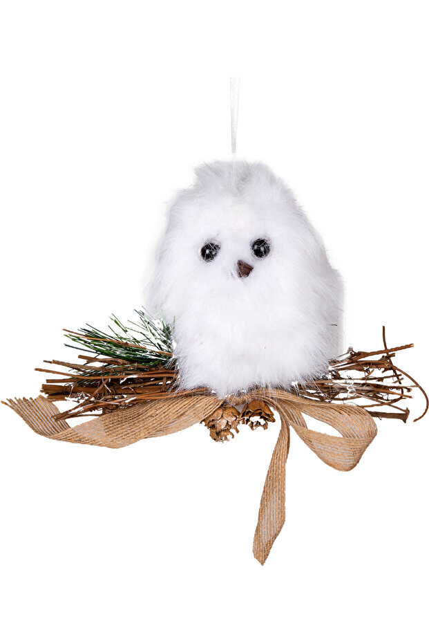 Christmas Ornament, Owl, White-Brown - with Pine Cones, Hanging, Feathered, on a Branch Nest, Jute Bow, Pine Needle