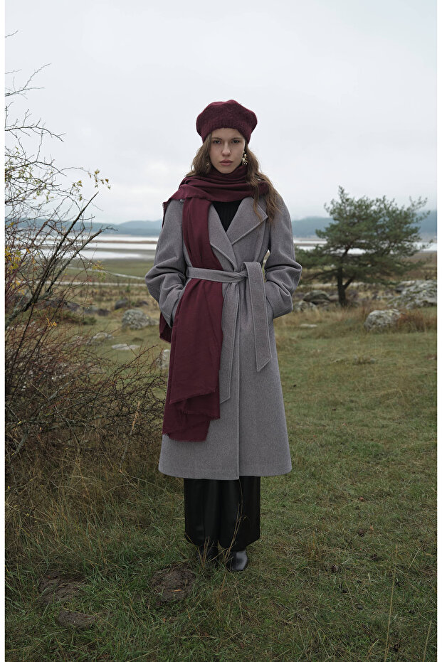 Oversize Tay Tüyü Gri Basic Kaban