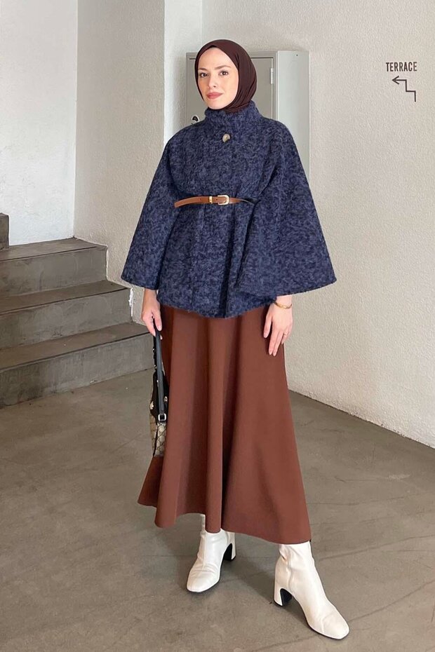 Hakim Collar Belt Detailed Cashmere Poncho Navy Blue