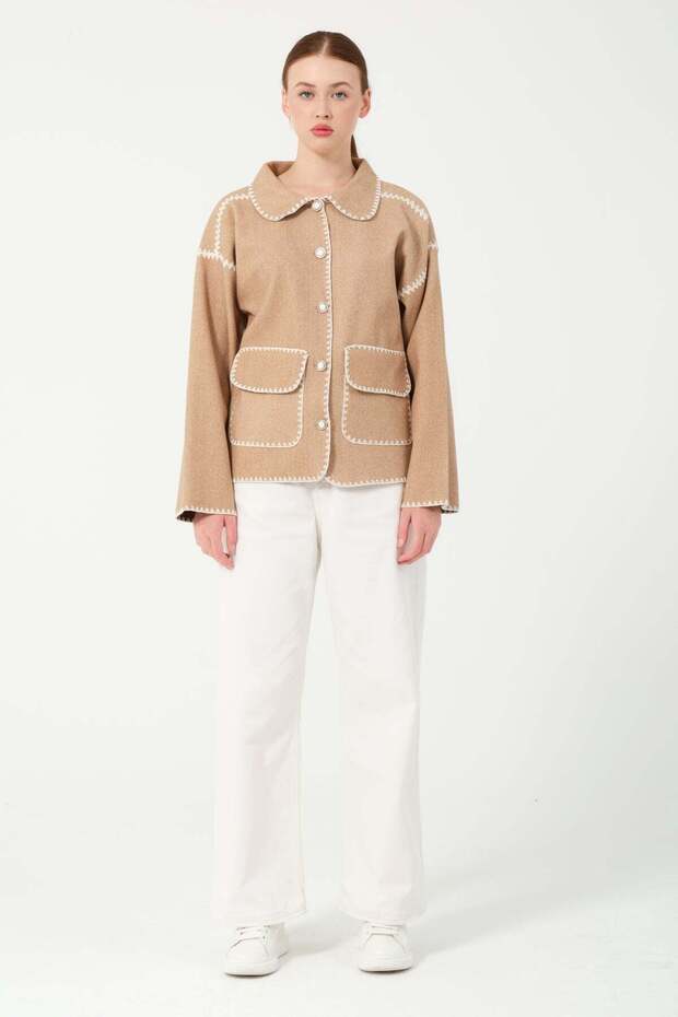 Hatunatila Quilted Pocket Shirt Collar Jacket 7868 Mink