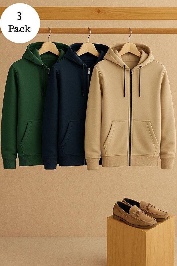 Men's Casual Zippered Hooded 3-Piece Sweatshirt