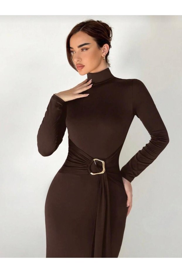 Mock Neck Long Sleeve Bodycon Maxi Dress with Buckle Detail