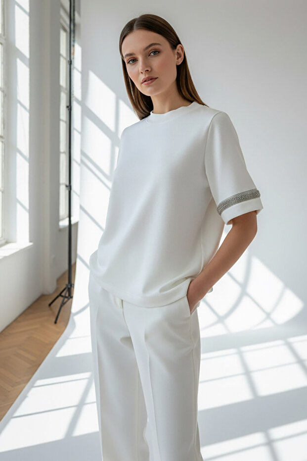 Bisiklet Yaka Taş İşlemeli Regular Örme Tişört - 6