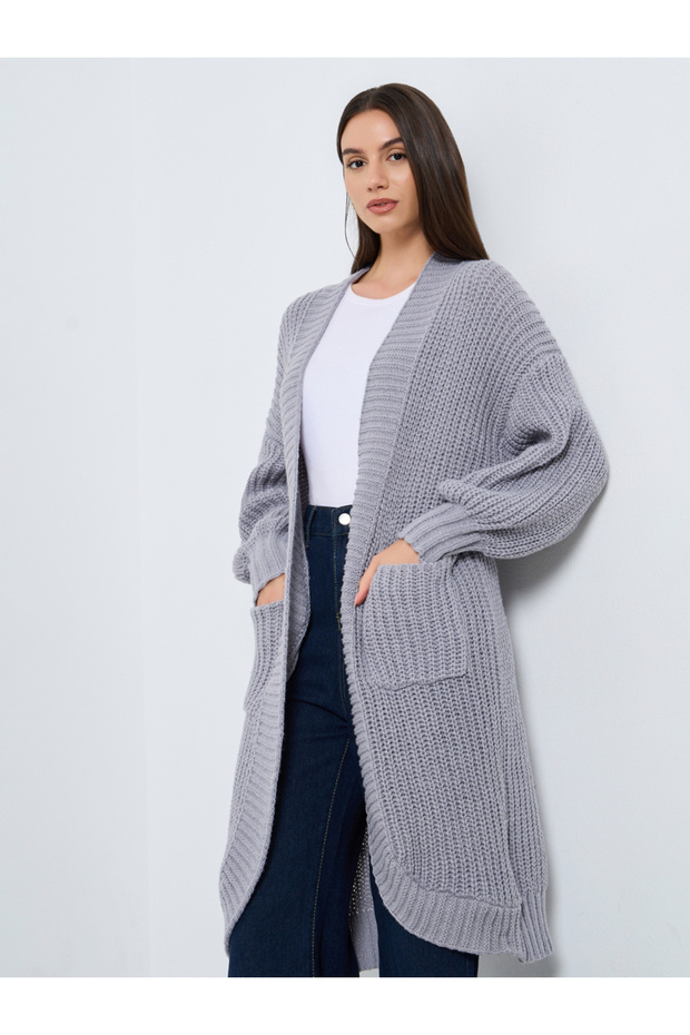 Grey Chunky Knit Cardigan with Patch Pocket