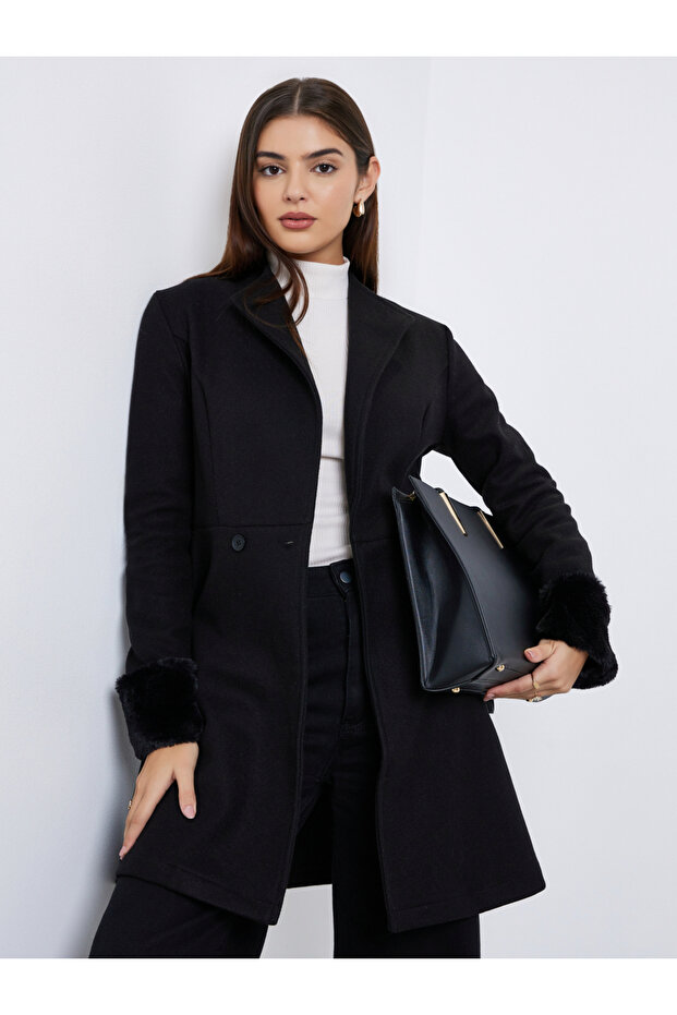 Black Longline Wool Like Coat with Faux Fur Detail