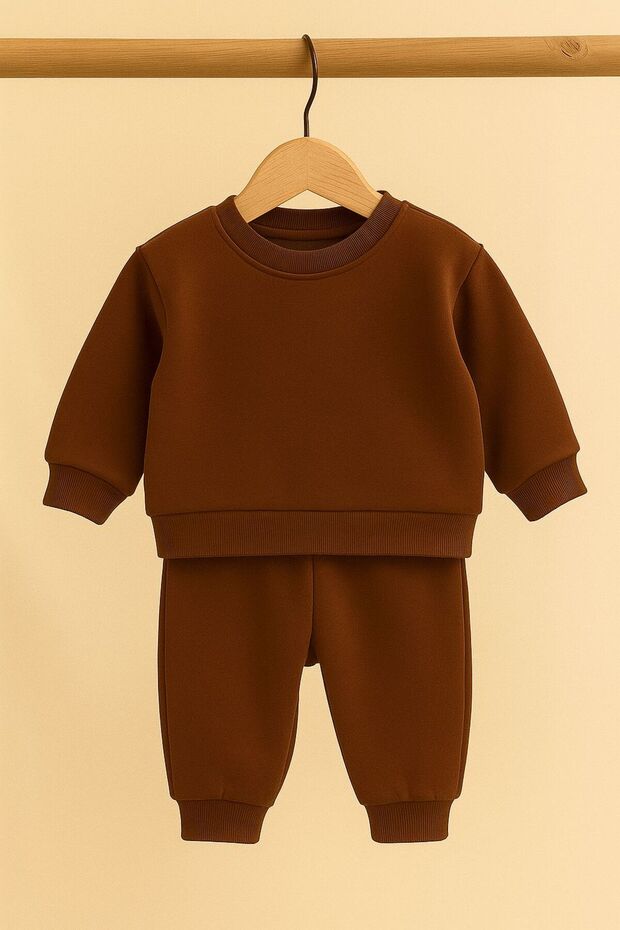 Brown Fleece-Lined Basic Double Set | 6-24 Months Baby Tracksuit Set 2899