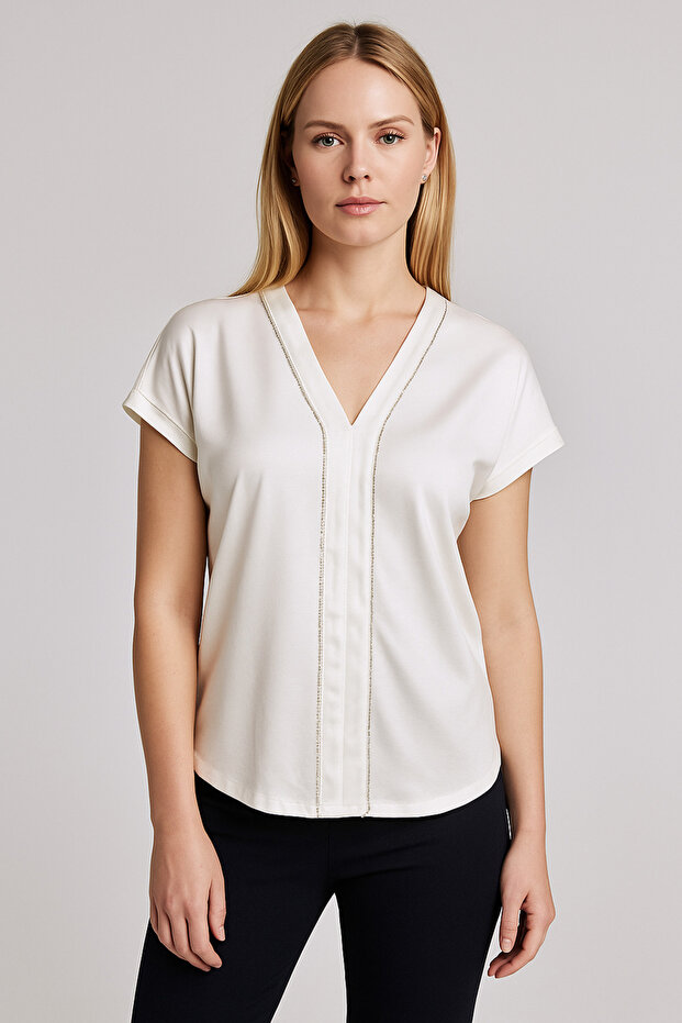 V Yaka Kısa Kollu Regular Örme Tişört - 1