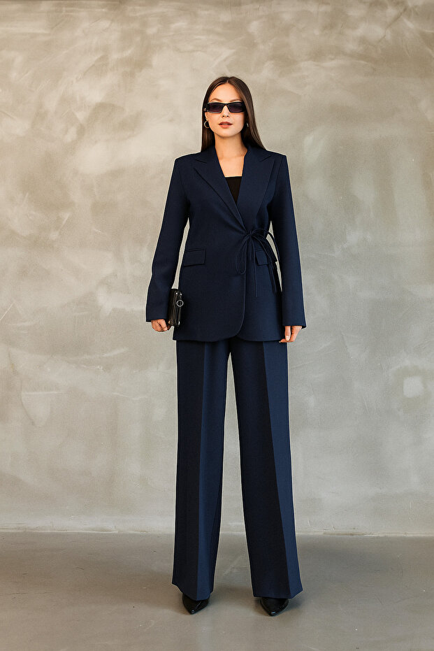 Women's Navy Blue Side Tie Blazer Jacket Pants Set