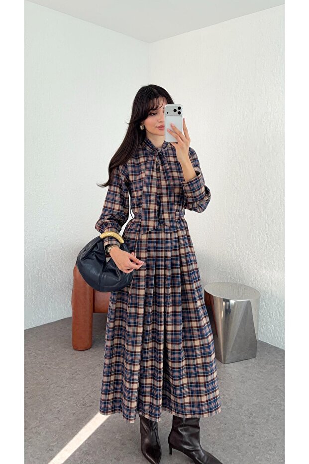 Blue Plaid Dress with Bow Collar