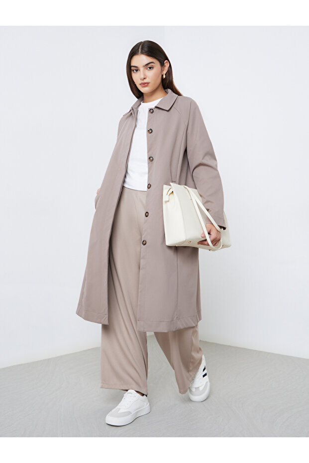 Beige Oversized Button-Front Trench Coat