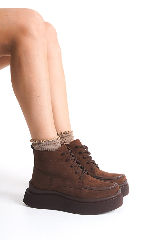 Kadın Bağcıklı Kalın Tabanlı Günlük Bot Floor Kahve Süet - 1