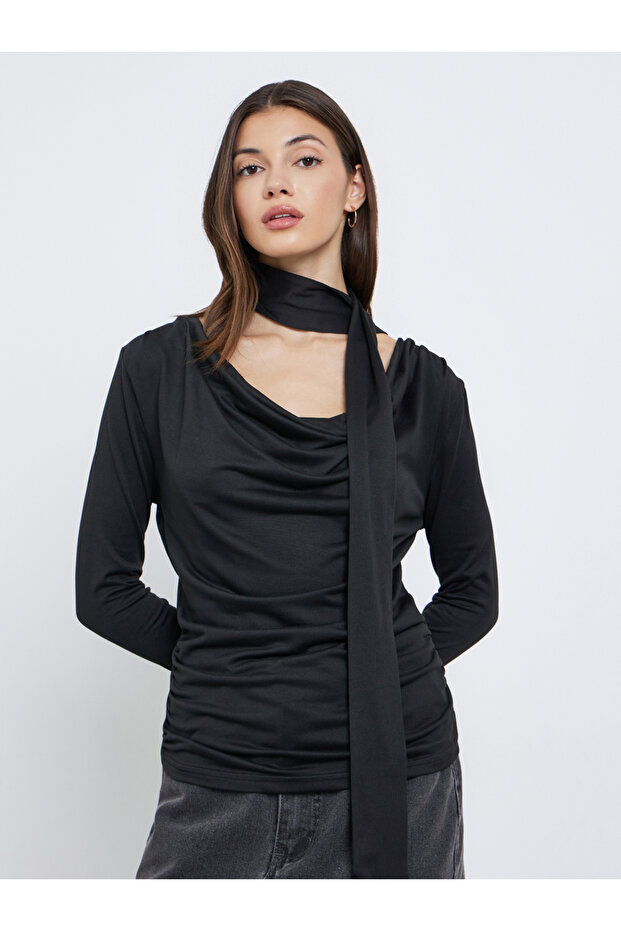 Black Cowl Neck Knit Top with Neck Scarf
