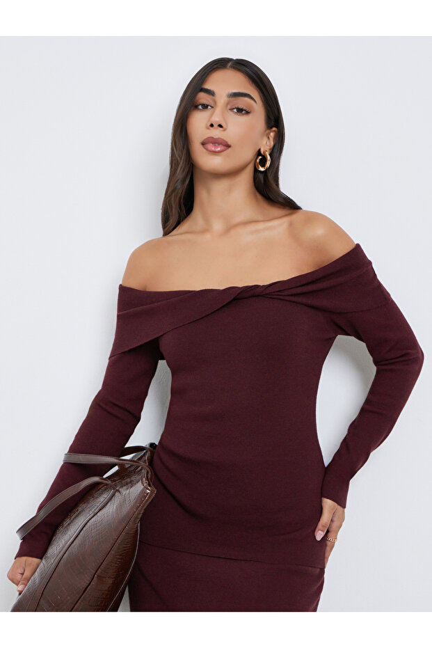 Burgundy Plain Off Shoulder Knit Top with Twist Detail