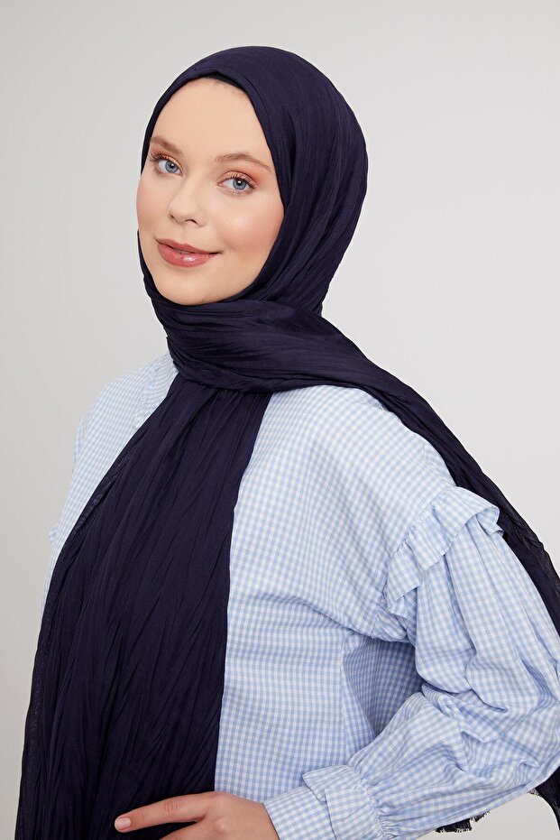 Lacivert Pliseli Pamuklu Şal - 2