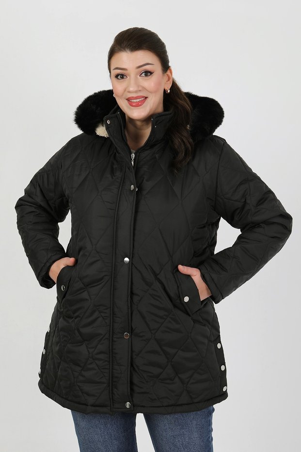 Women's Black Quilted Inner Wool Large Size Coat