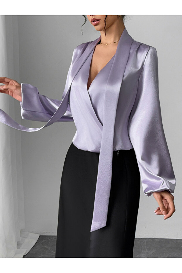 Solid V-Neck Balloon Sleeve Top with Scarf