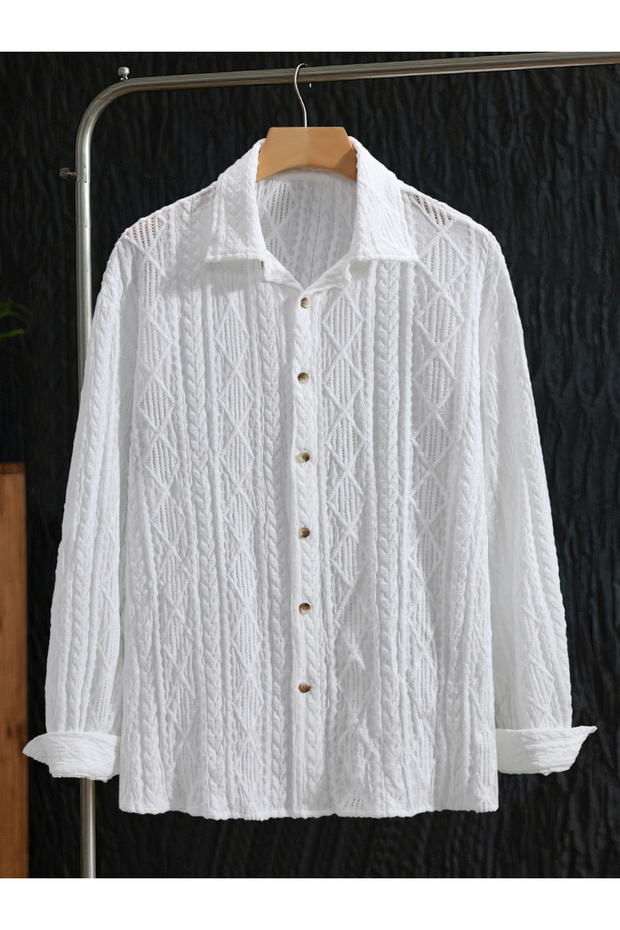 Men White Knit Shirt with Spread Collar