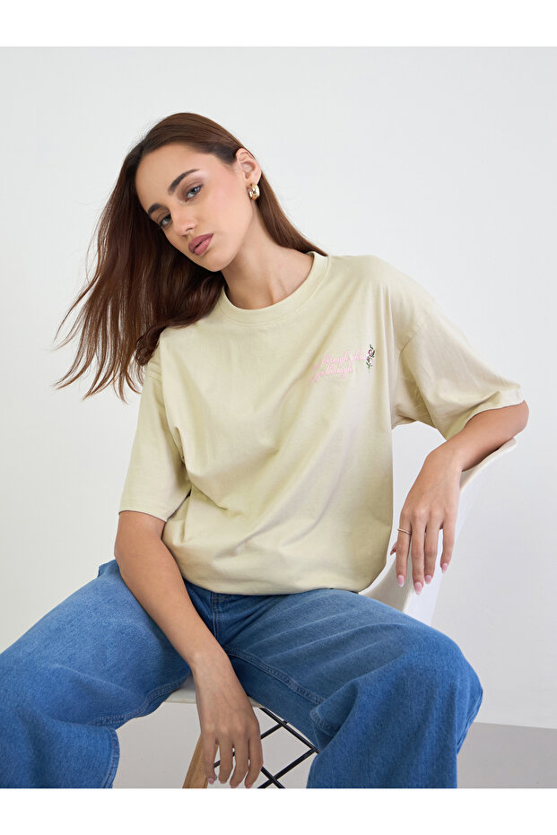 Beige Slogan Print Oversized T-Shirt