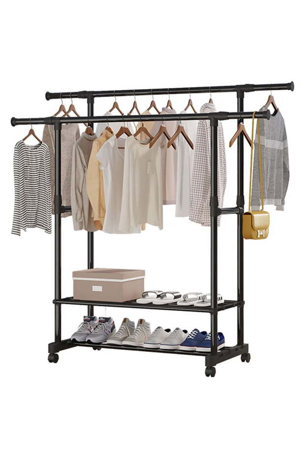 2-Tier Double Rail Rolling Clothes Rack with Bottom Shelf