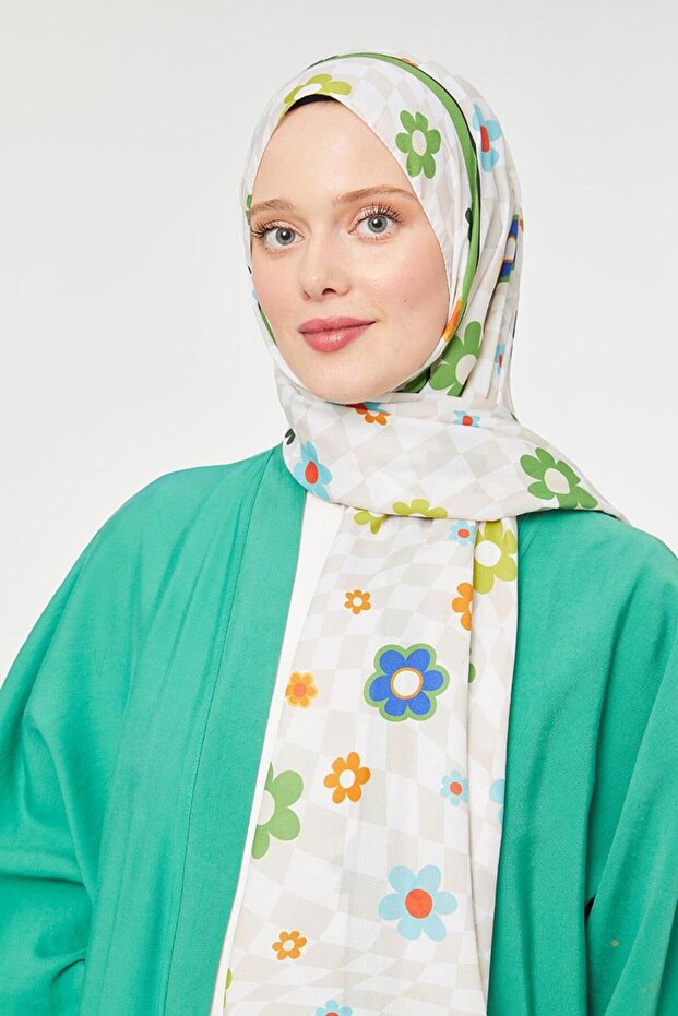 Grass Green Floral Pattern Mono Crepe Shawl