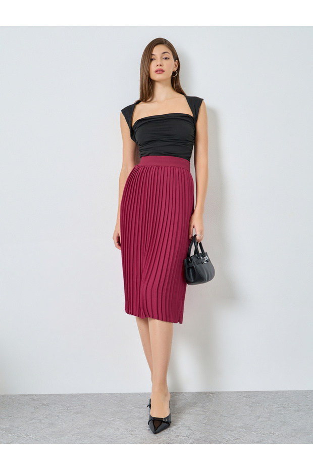 Burgundy Solid Accordion Pleated A-Line Midi Skirt
