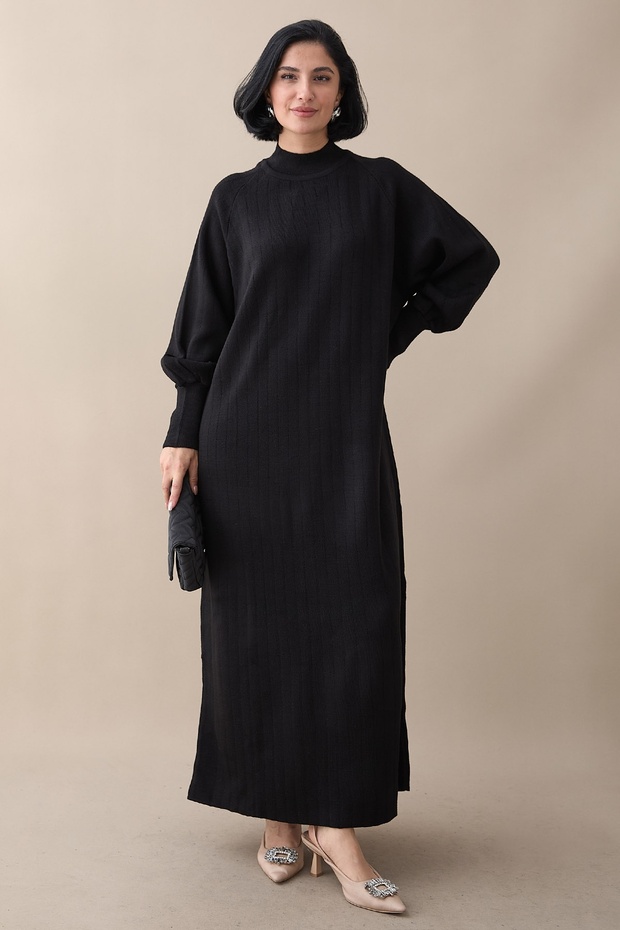 Long Balloon Sleeve Black Knitwear Dress