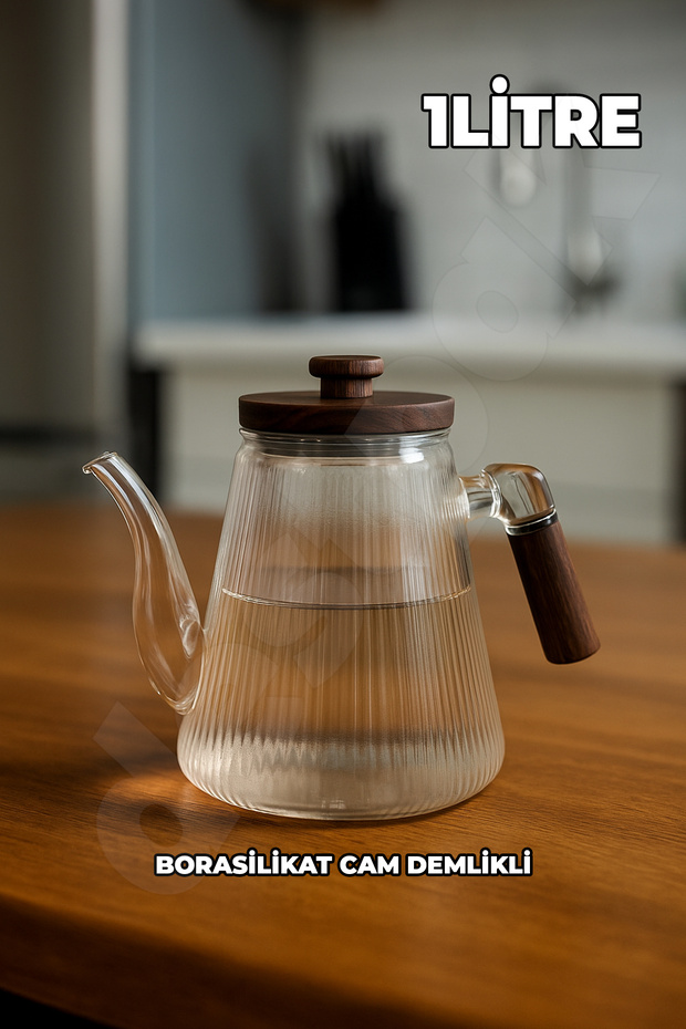 Glass Teapot with Acacia Lid and Handle - Heat Resistant - with Glass Teapot - 3 Pieces - 1 Liter