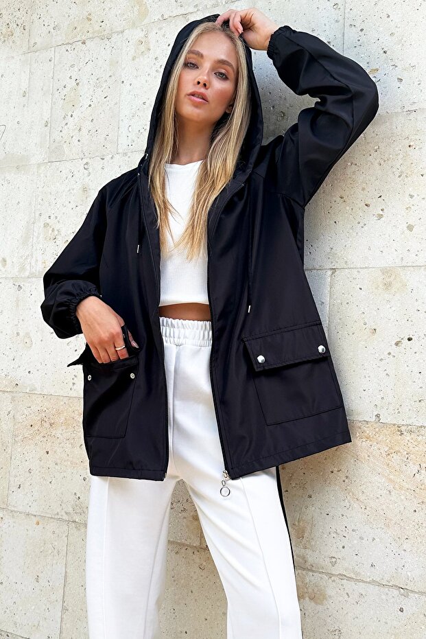 Black Hooded Zip-Up Double Pocket Raincoat Jacket ALC-X12514