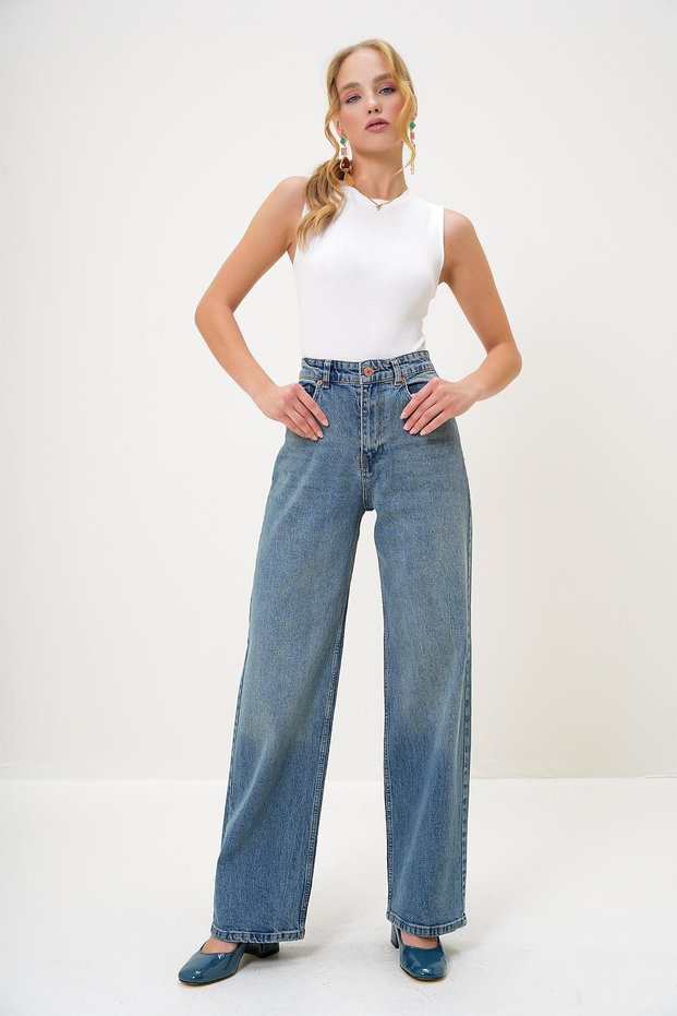 Blue High Waist Palazzo Cut Jean Trousers Alc-X13172