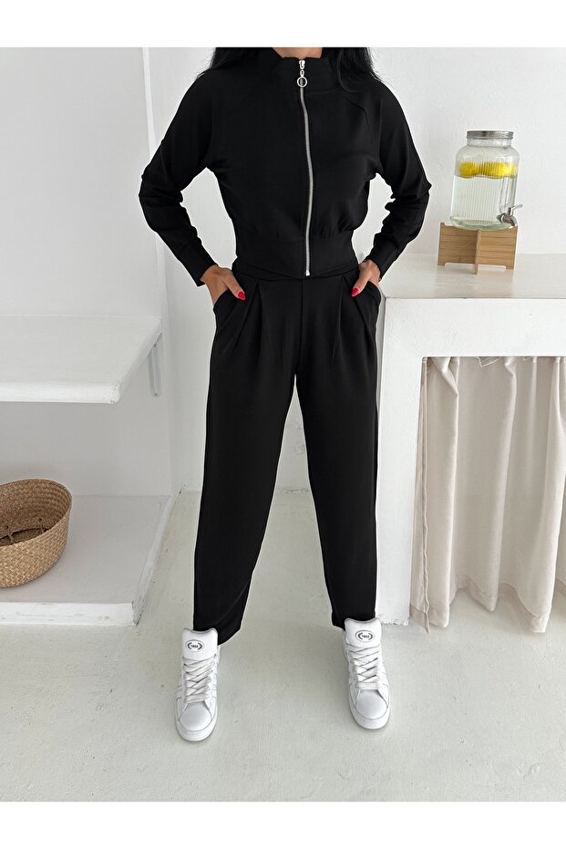Women's Shalwar Cut Zippered Stand-Up Collar Casual Modal Sweat Suit