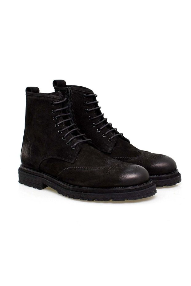 Black Color Lace-Up Genuine Leather Nubuck Men's Boots