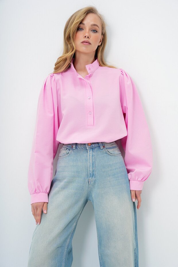 Pink Judge Collar Half Placket Balloon Sleeve Poplin Shirt Blouse Alc-X14059