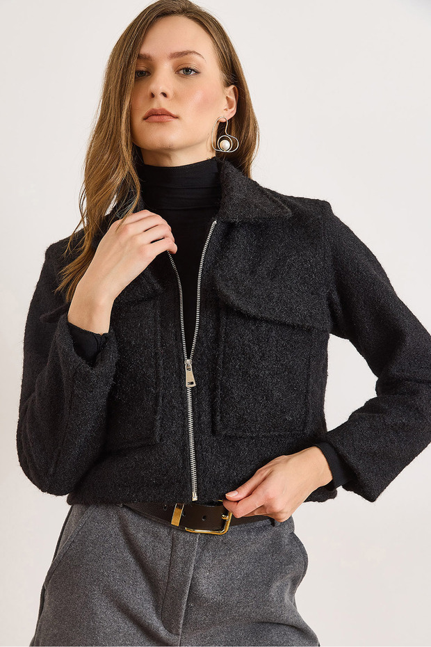 Women's Black Pocket Lined Fleece-Lined Cashmere Jacket Ckt-19000495