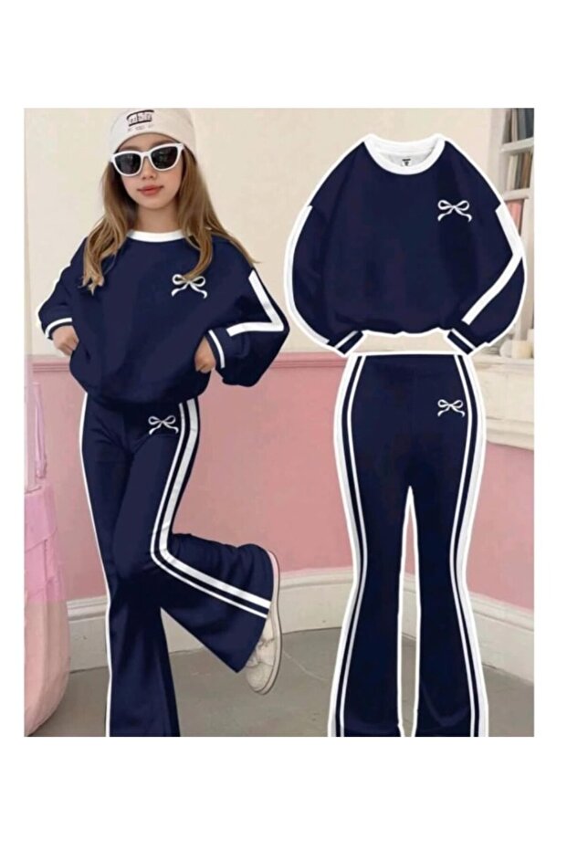 Girl's Ribbon Print Crew Neck Sweatshirt Flared Tracksuit Set