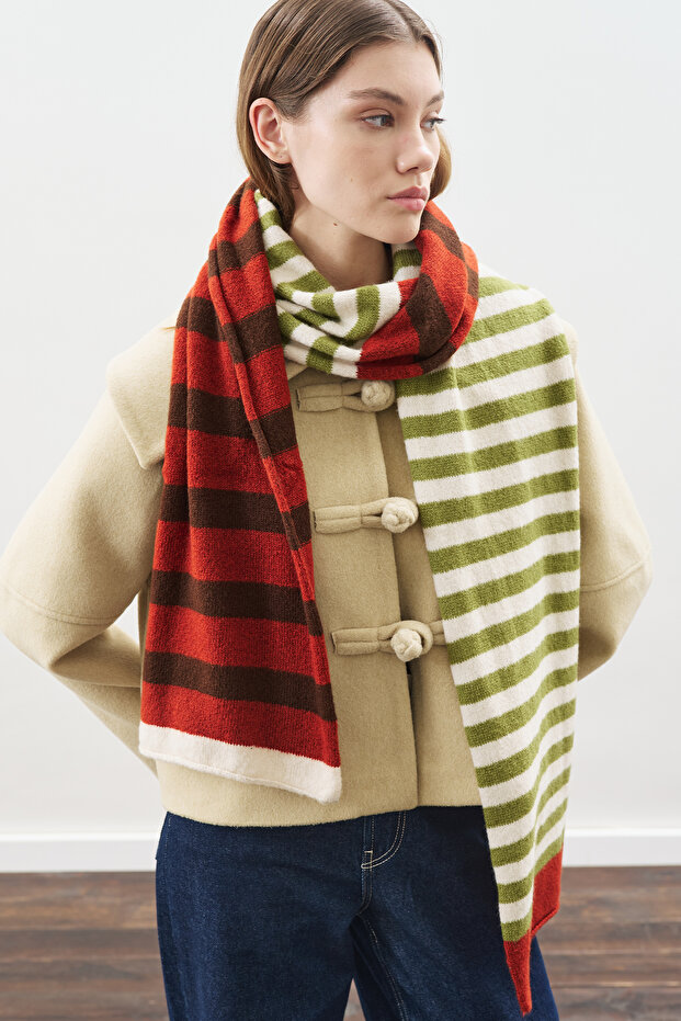 Eșarfă lungă cu dungi VERDE - 3