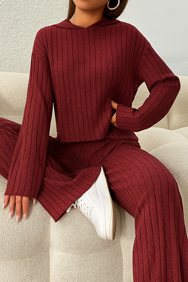 bordó kapucnis, bordázott szövetből készült széles szárú alsó felső szett - 5