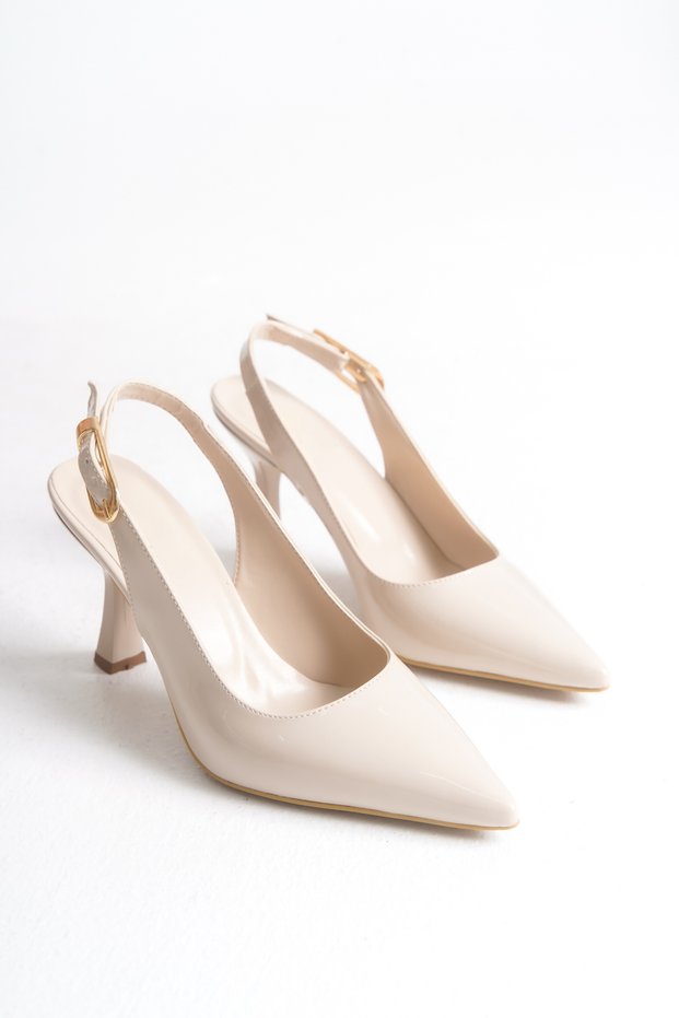Azra Women's Skin Beige Cream Patent Leather Pointed Toe Open Back Heeled Shoes