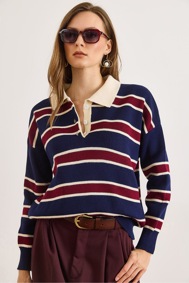 Women's Navy Blue Burgundy Polo Neck Striped Knit Sweater Kzk-19001030