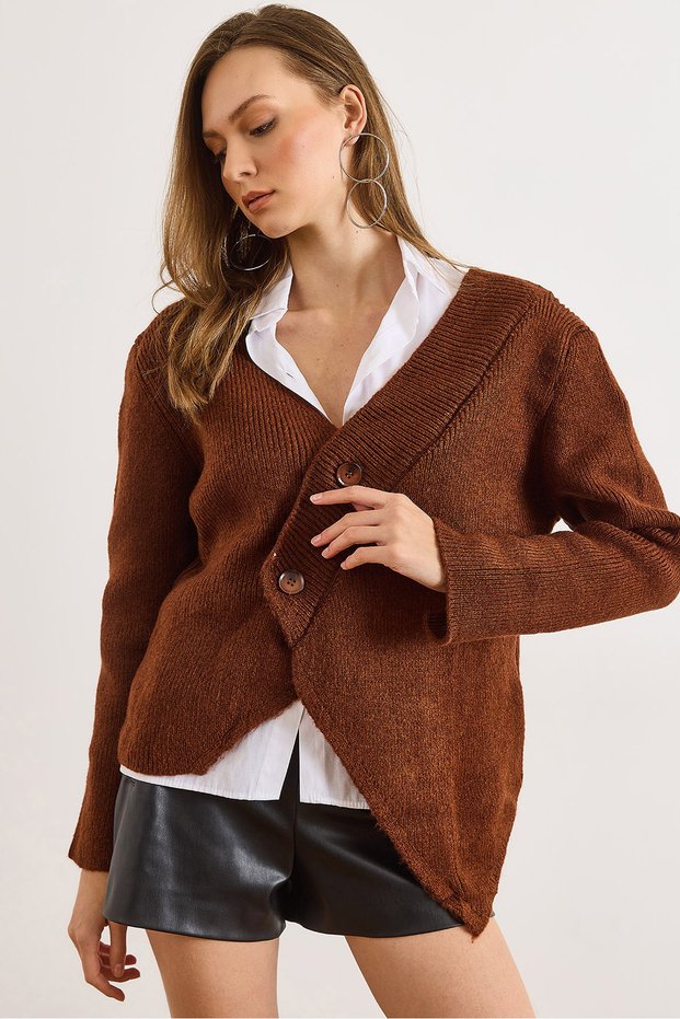 Women's Bitter Brown V-Neck Skirt Asymmetrical Knitwear Cardigan Hrk-19000439